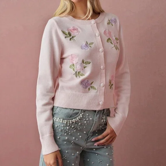 Pink Romantic Women's Floral Embroidered Long Sleeve Knit Cardigan - Picture 5 of 7